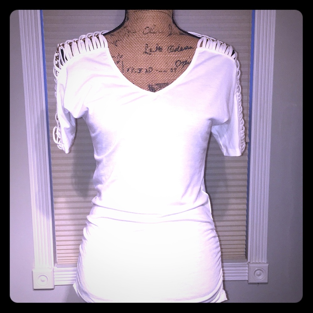 NWOT Cream top with gold chained sleeves